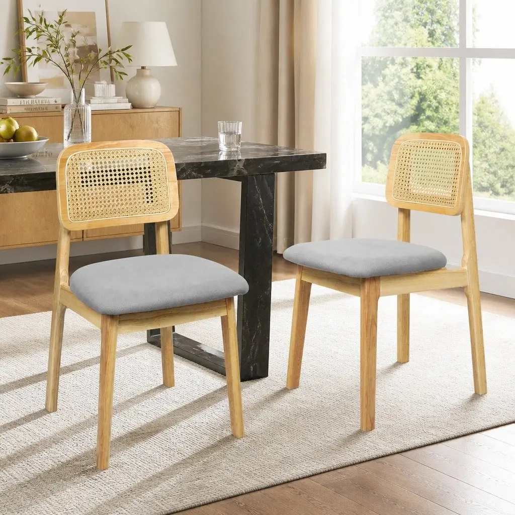 Dining Chair Rattan Wooden Armless Natural Boho Style 2 Piece Set