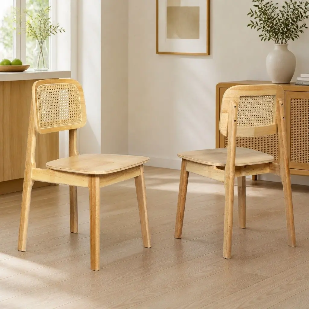 Dining Chair Set of 4 Rattan Cane Wooden Kitchen Chairs Armless Natural