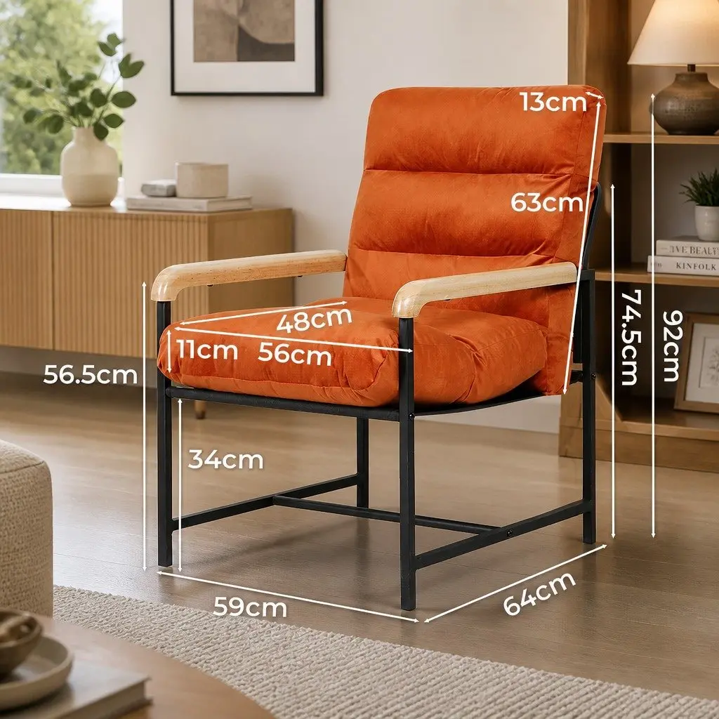 Metal Frame Lounge Chair Velvet Cushion Burnt Orange 59cm x 64cm x 74.5cm