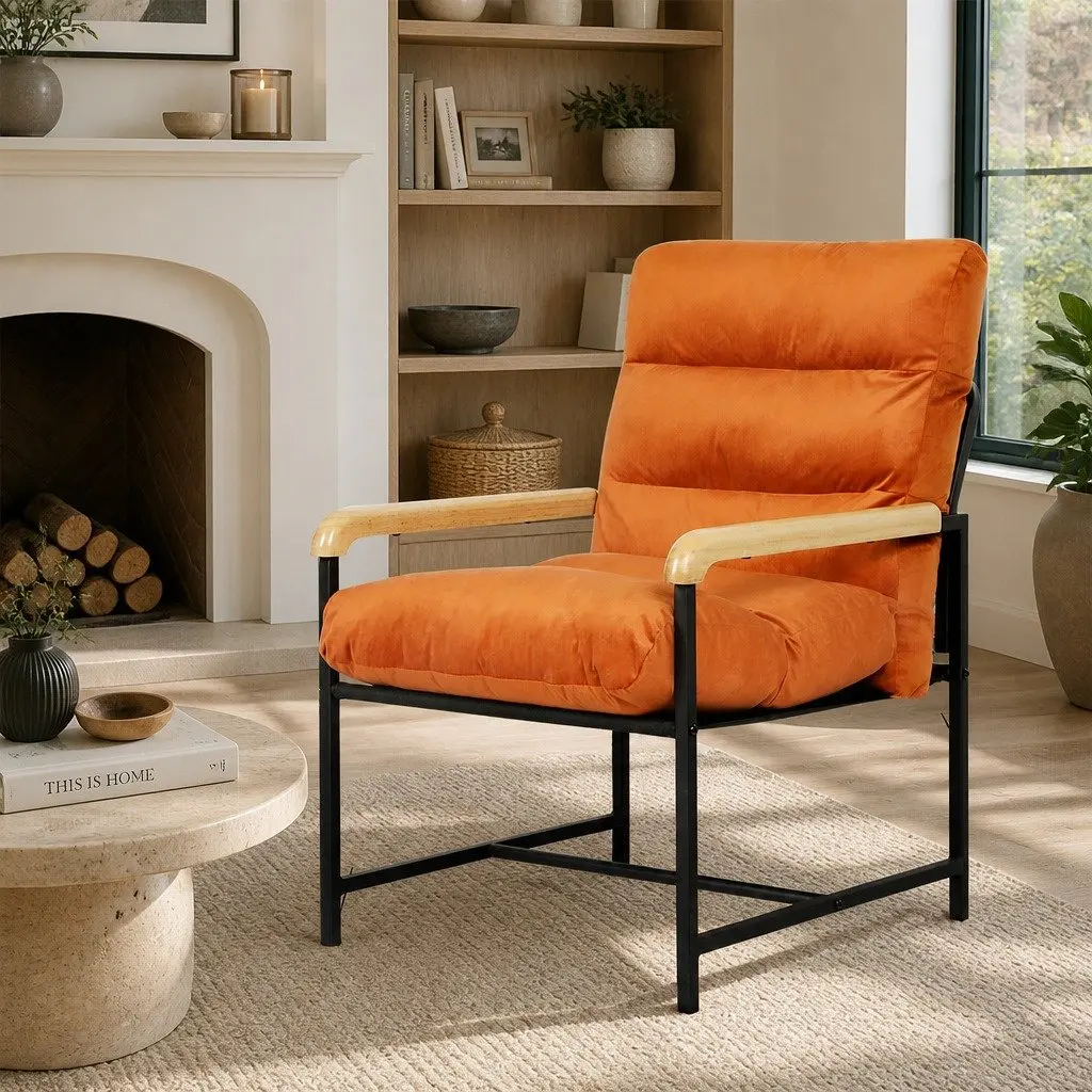 Metal Frame Lounge Chair Velvet Cushion Burnt Orange 59cm x 64cm x 74.5cm