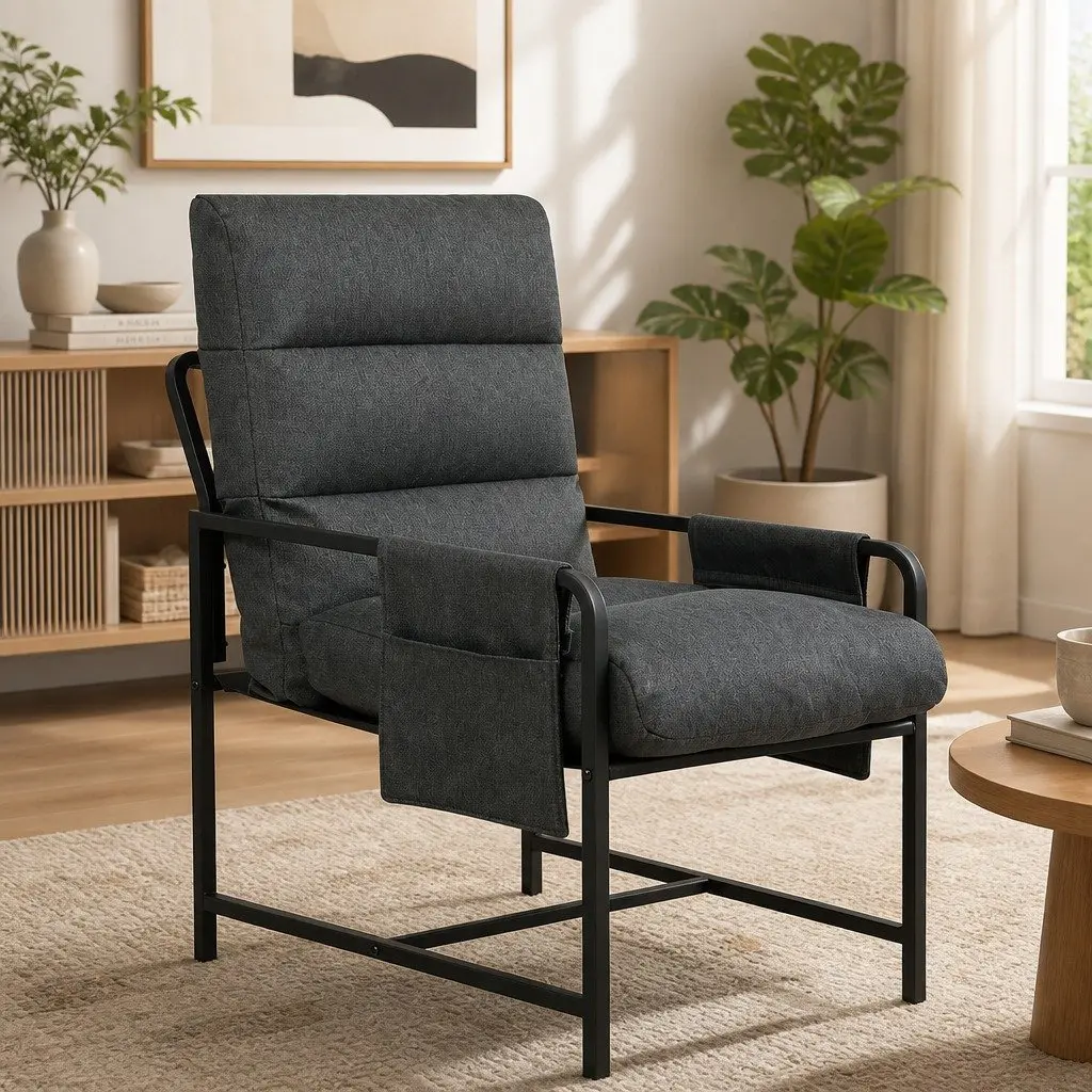 Lounge Chair with Storage Bags Soft Linen Cushion Durable Metal Frame Dark Grey
