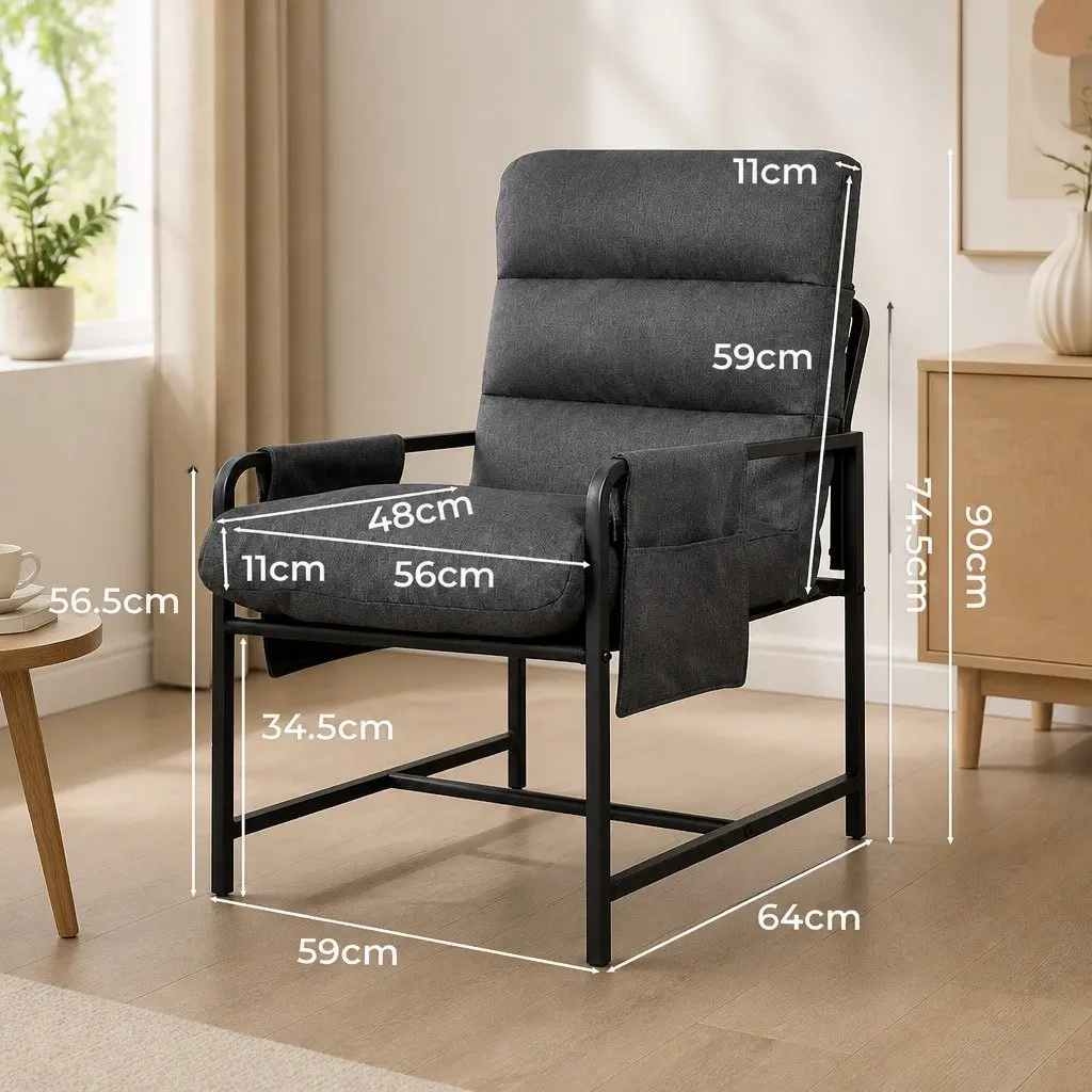 Lounge Chair with Storage Bags Soft Linen Cushion Durable Metal Frame Dark Grey