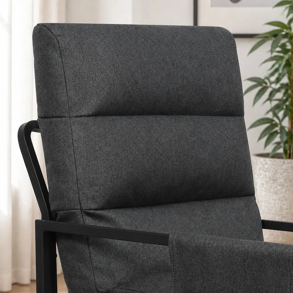 Lounge Chair with Storage Bags Soft Linen Cushion Durable Metal Frame Dark Grey