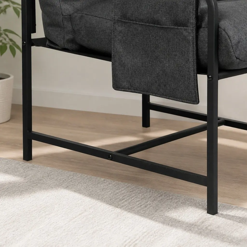 Lounge Chair with Storage Bags Soft Linen Cushion Durable Metal Frame Dark Grey