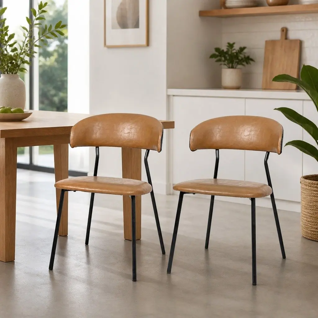 PU Leather Dining Chairs Vintage Brown Padded Seat Low Back Modern Kitchen Lounge