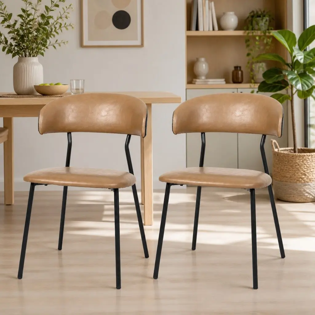 PU Leather Dining Chairs Vintage Brown Padded Seat Low Back Modern Kitchen Lounge