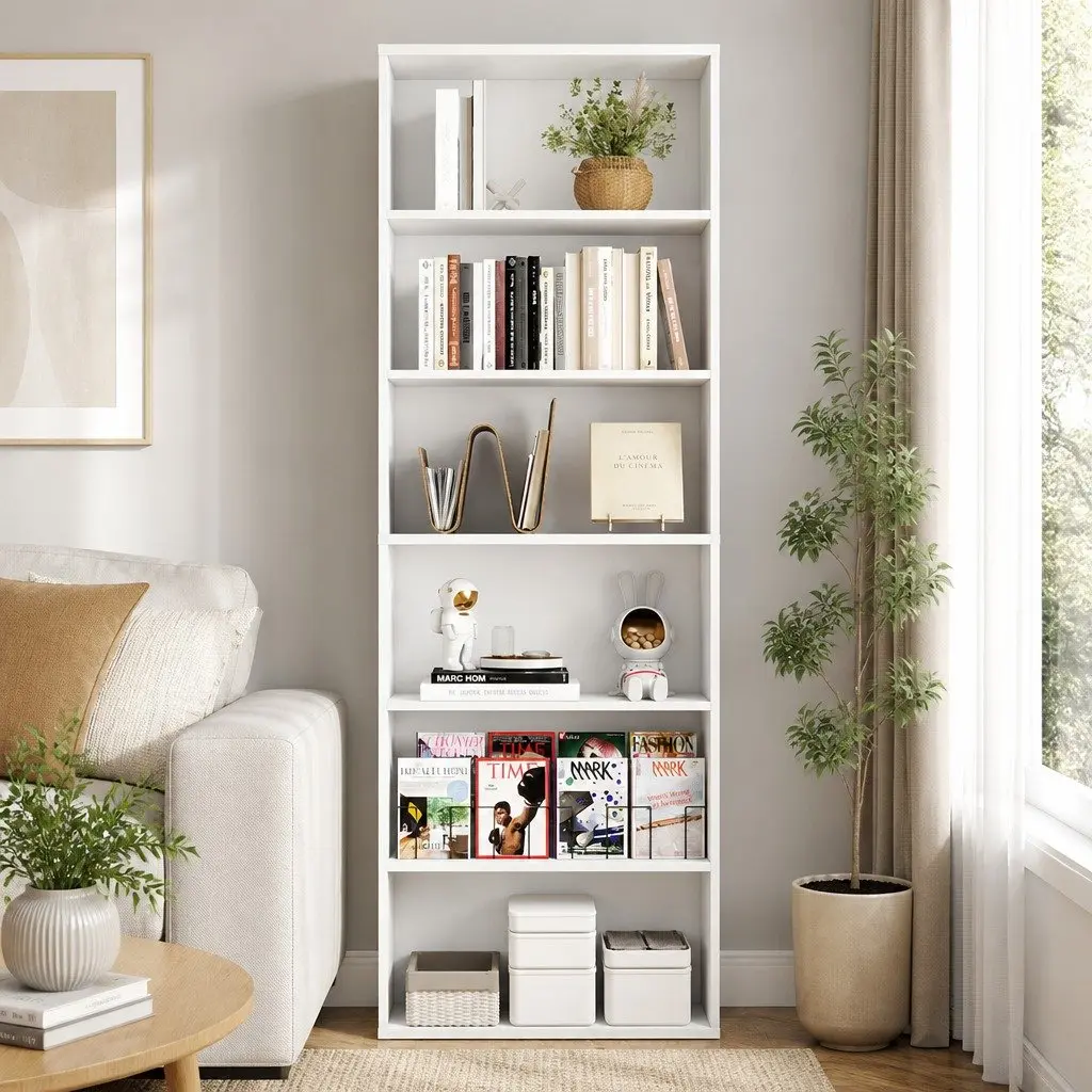Freestanding Wooden Book Shelf 6 Tier Adjustable Storage Display White 60cm x 24cm x 178.5cm