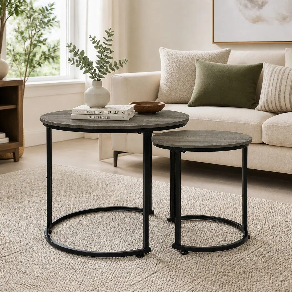 Round Nesting Coffee Table Set Rustic Wood Grain Surface Space Saving 2 Piece