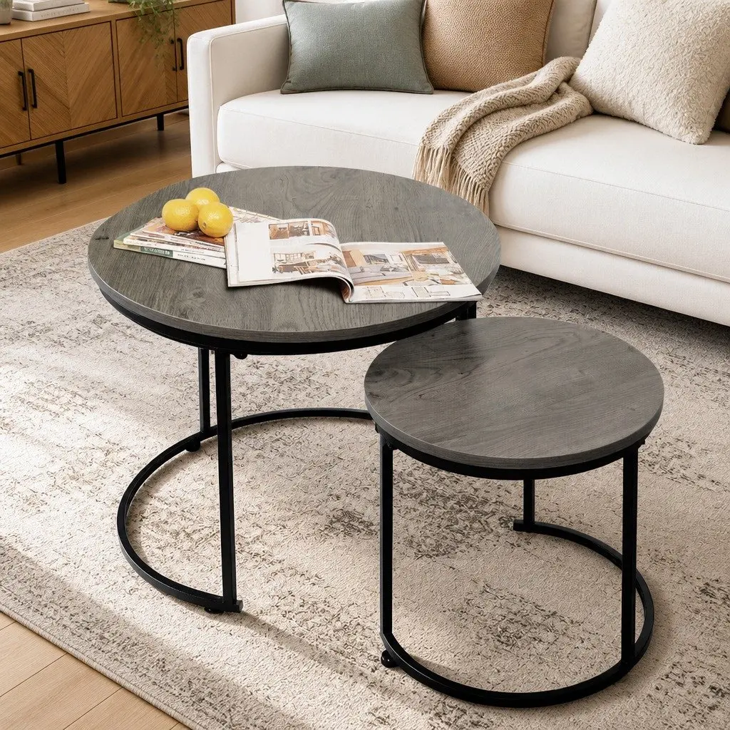 Round Nesting Coffee Table Set Rustic Wood Grain Surface Space Saving 2 Piece