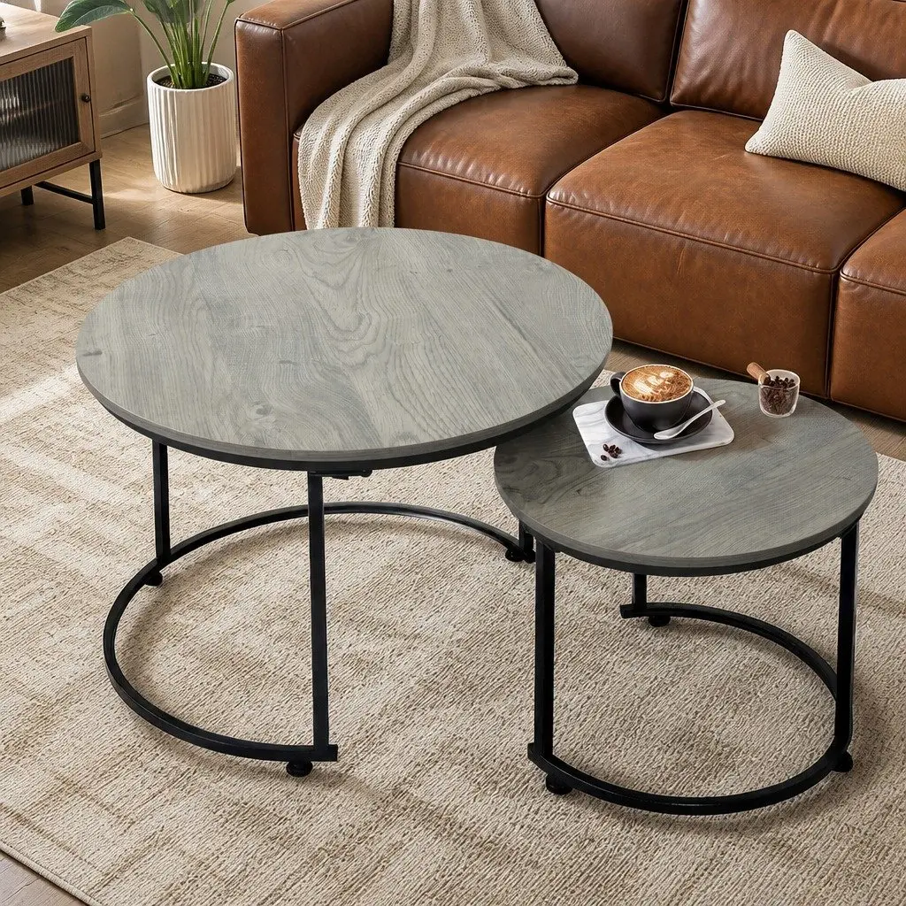 Round Nesting Coffee Table Set Rustic Wood Grain Surface Space Saving 2 Piece