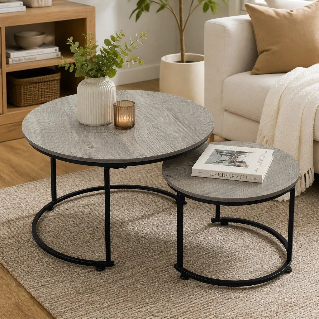Round Nesting Coffee Table Set Rustic Wood Grain Surface Space Saving 2 Piece