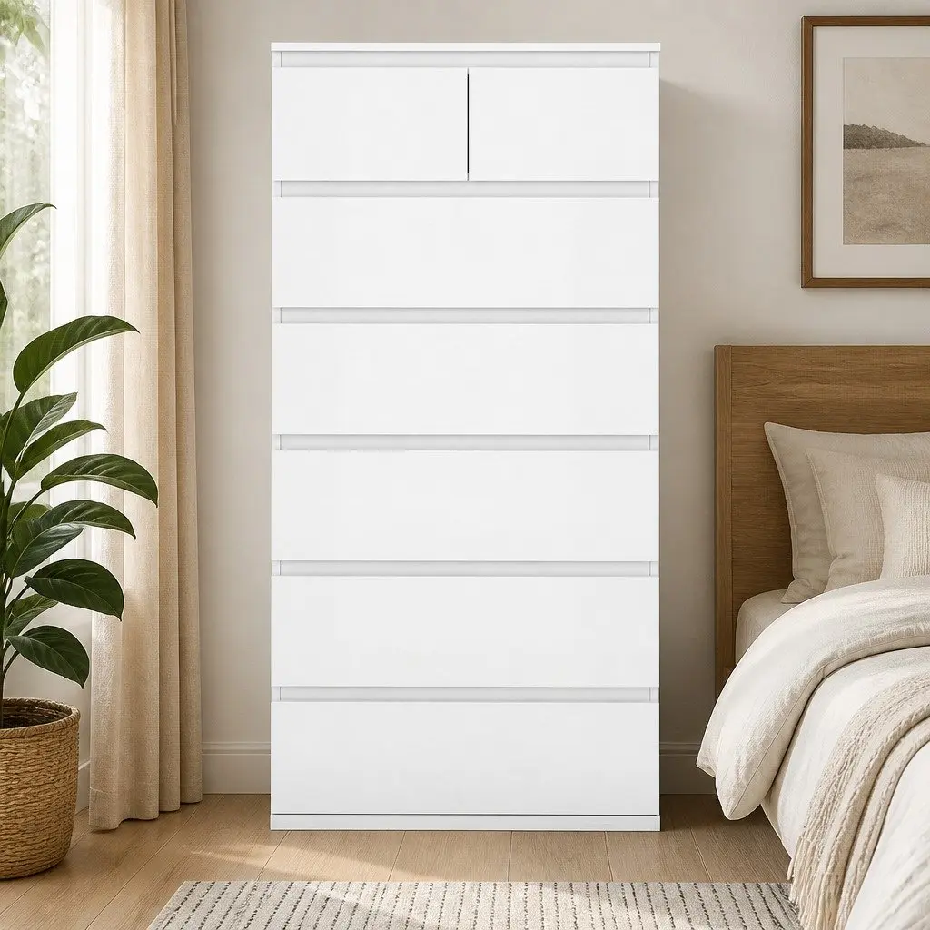 Tall Storage Cabinet 7 Drawer Dresser White 120cm