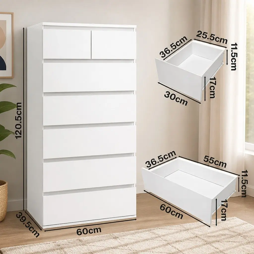 Tall Storage Cabinet 7 Drawer Dresser White 120cm