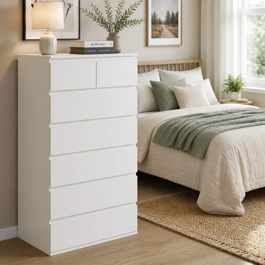 Tall Storage Cabinet 7 Drawer Dresser White 120cm