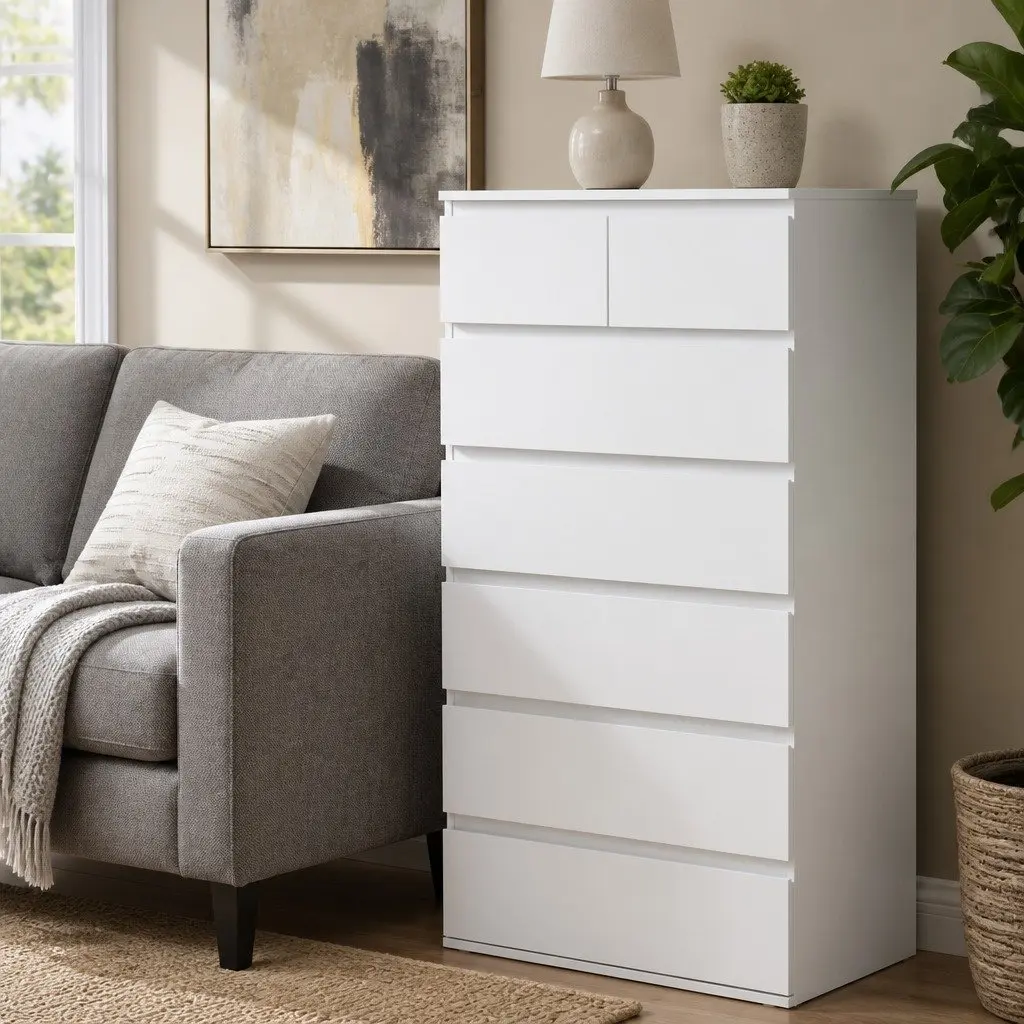 Tall Storage Cabinet 7 Drawer Dresser White 120cm