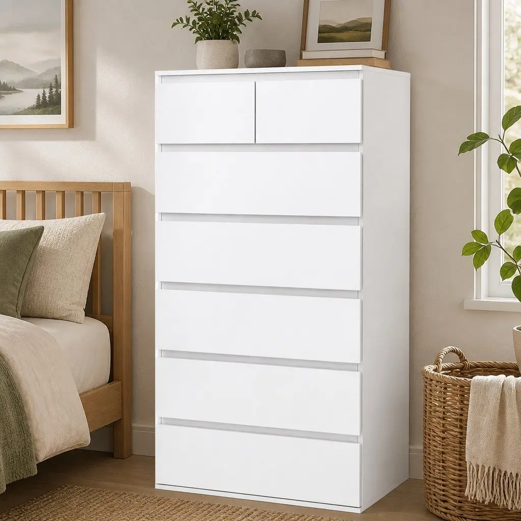 Tall Storage Cabinet 7 Drawer Dresser White 120cm