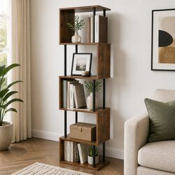 S-Shaped Bookshelf 5 Tier Display Storage Rack Shelving Unit Anti-Tip Furniture
