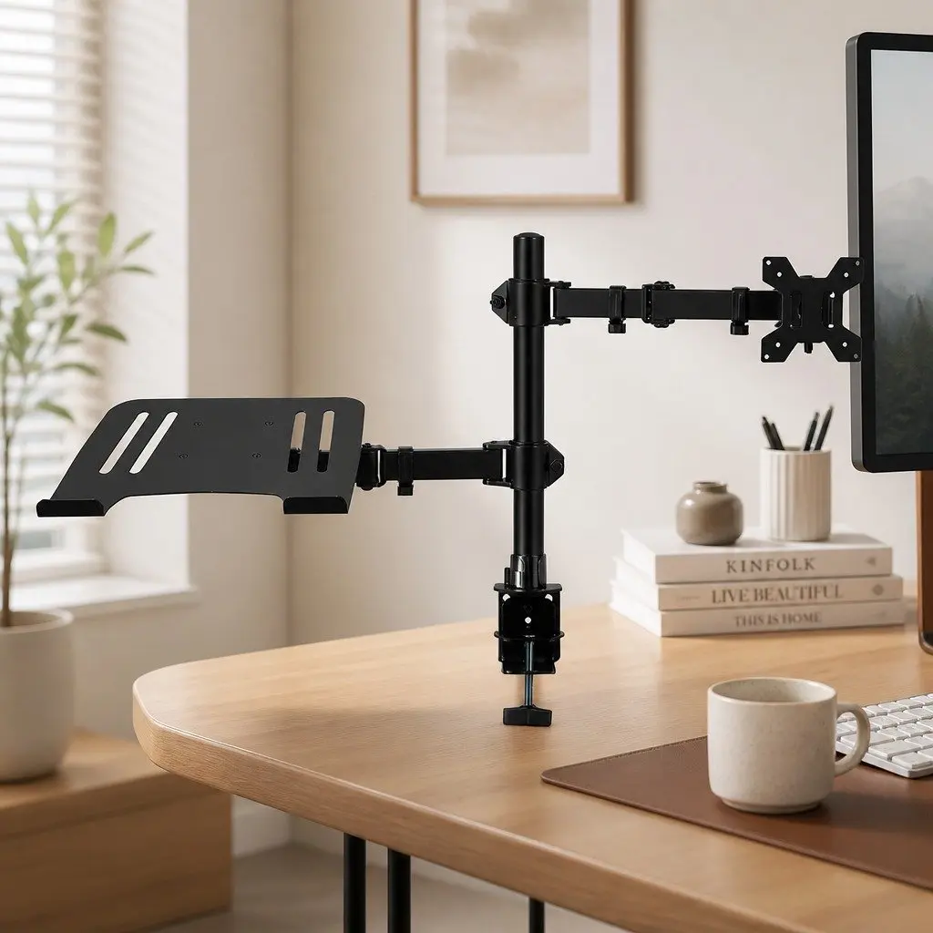Desk Mount Dual Arm Monitor and Laptop Stand Adjustable Height Swivel Black