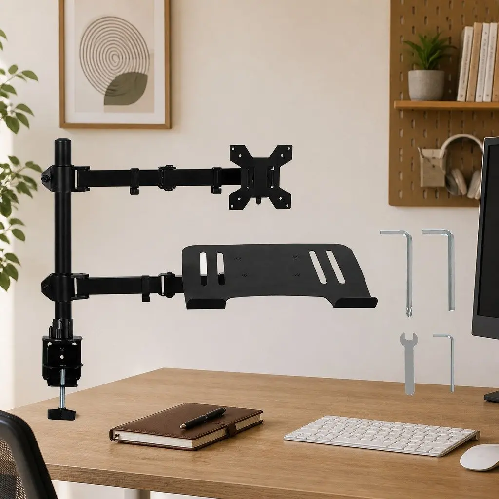 Desk Mount Dual Arm Monitor and Laptop Stand Adjustable Height Swivel Black