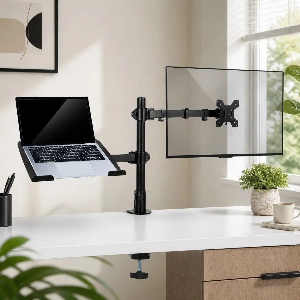 Desk Mount Dual Arm Monitor and Laptop Stand Adjustable Height Swivel Black