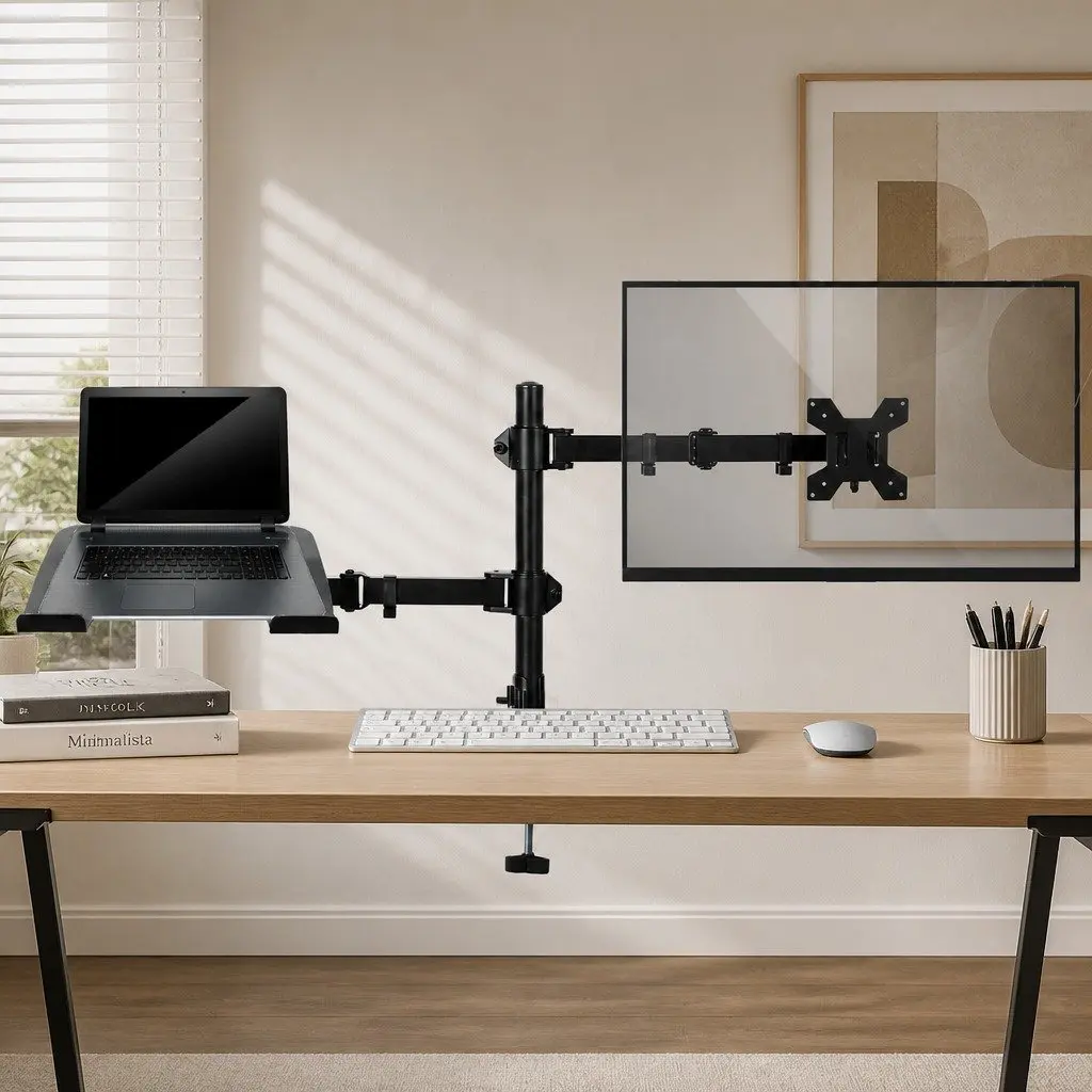Desk Mount Dual Arm Monitor and Laptop Stand Adjustable Height Swivel Black