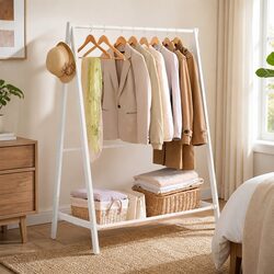 Wooden Clothes Rack Garment Hanging Storage Wardrobe Organiser Shoe Shelf White