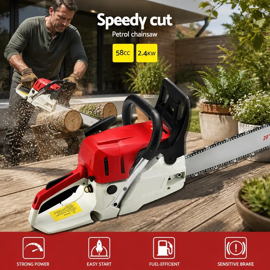 58cc Petrol Chainsaw 20 Inch Bar 2 Stroke E-Start Cutting Tool