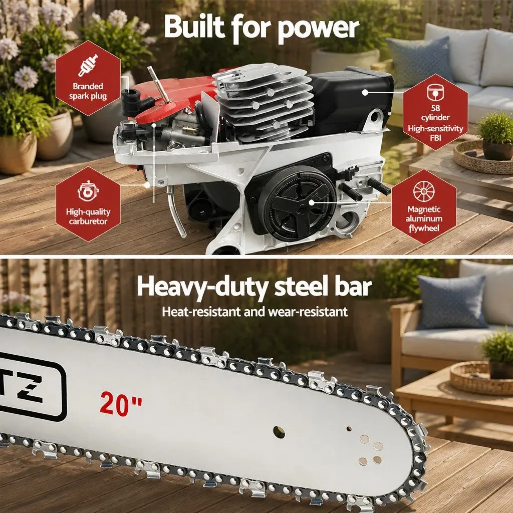 58cc Petrol Chainsaw 20 Inch Bar 2 Stroke E-Start Cutting Tool