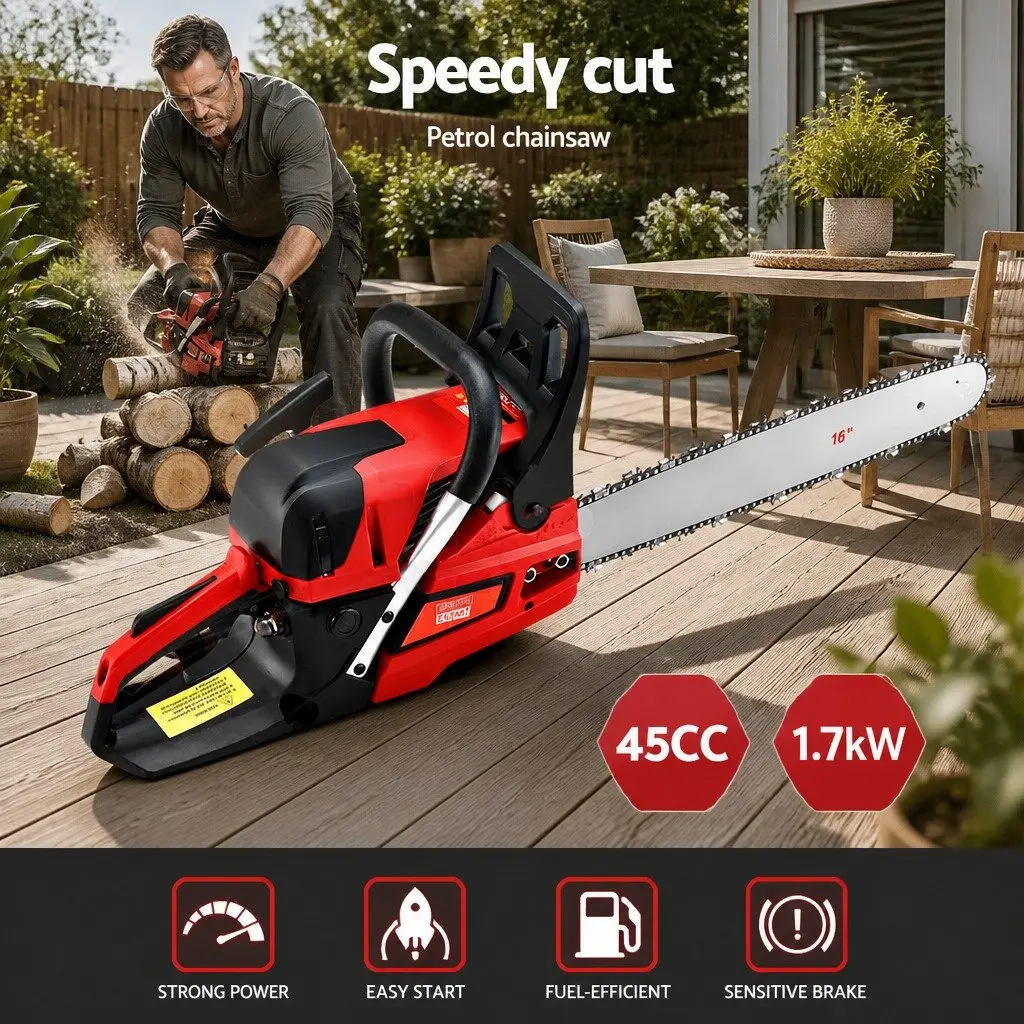 Petrol Chainsaw 45CC 16" Bar 1.7kW 2-Stroke E-Start Commercial Pruning Saw