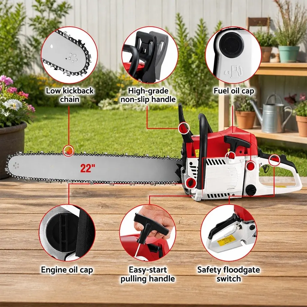 Petrol Chainsaw 62CC 22 Inch Bar Commercial Grade E-Start Cutting Tool