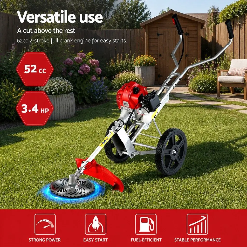 52cc Petrol Brush Cutter 3-in-1 Wheeled Trimmer Saw 2 Stroke
