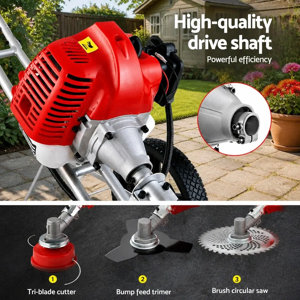 52cc Petrol Brush Cutter 3-in-1 Wheeled Trimmer Saw 2 Stroke