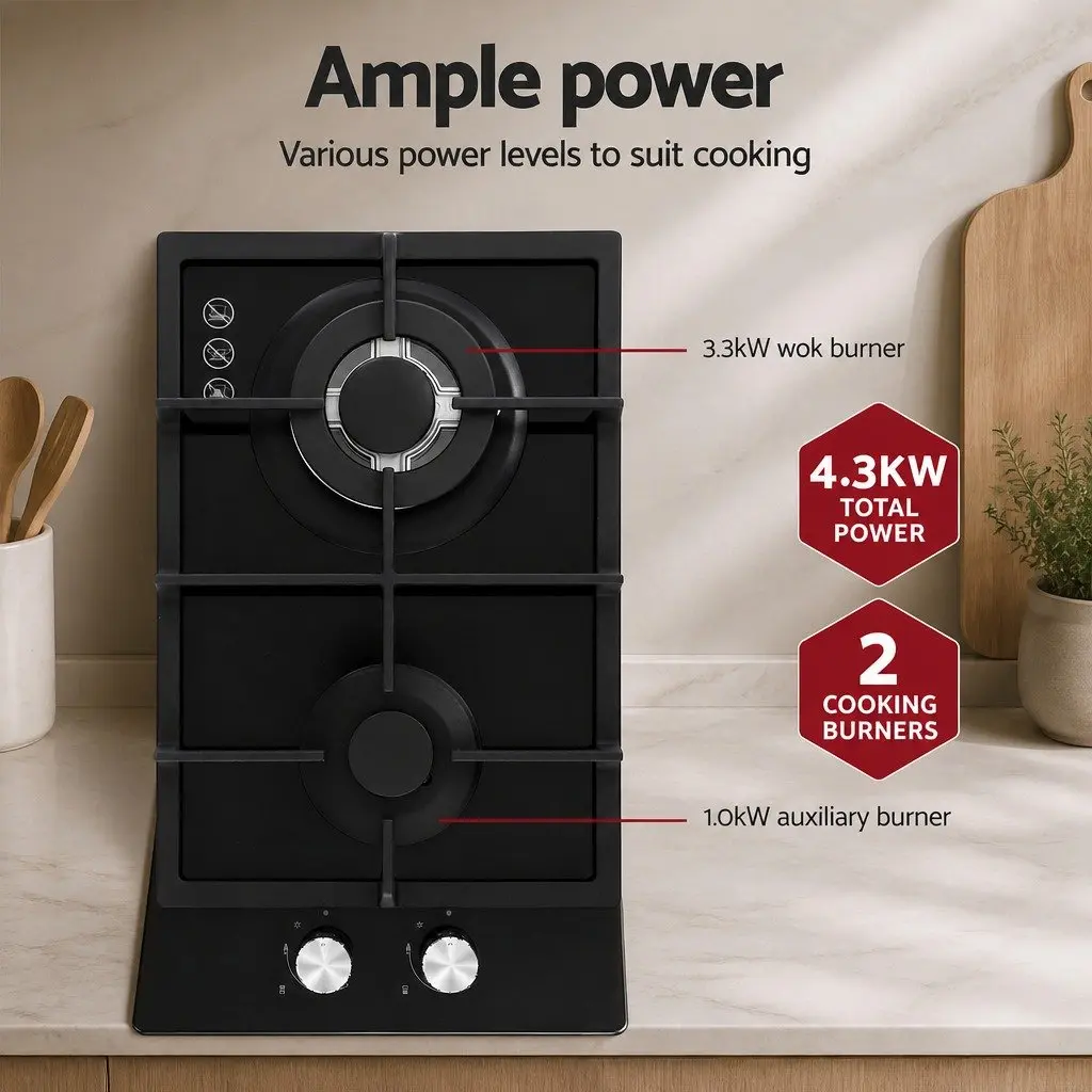 Gas Cooktop 30cm 2 Burner Built-in Stove Glass Cook Top NG LPG Wok Burner