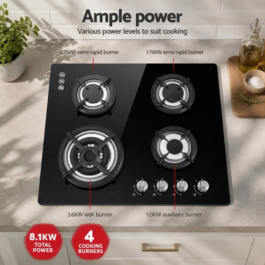 Gas Cooktop 60cm 4 Burner Built-in Black Tempered Glass Knob Control Kitchen