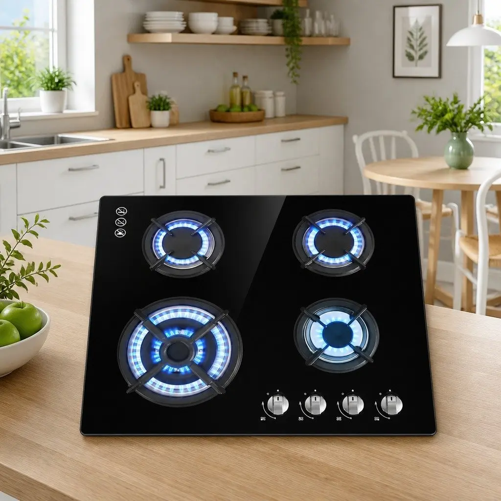 Gas Cooktop 60cm 4 Burner Built-in Black Tempered Glass Knob Control Kitchen