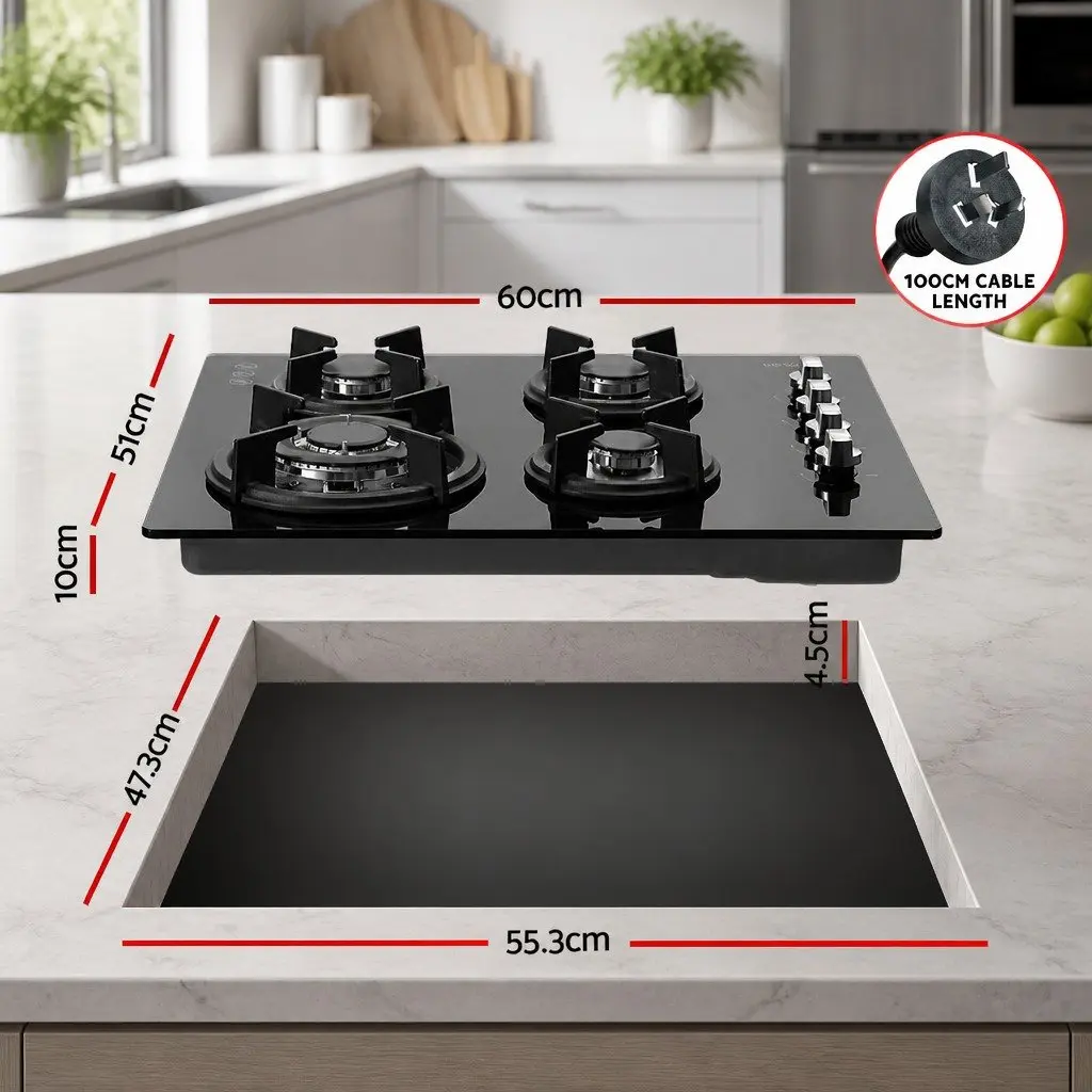 Gas Cooktop 60cm Black Stove Hob 4 Burner Built-in Kitchen Cooking Appliance