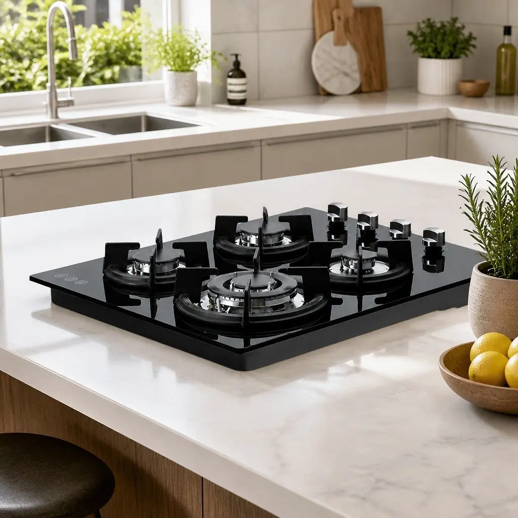 Gas Cooktop 60cm Black Stove Hob 4 Burner Built-in Kitchen Cooking Appliance