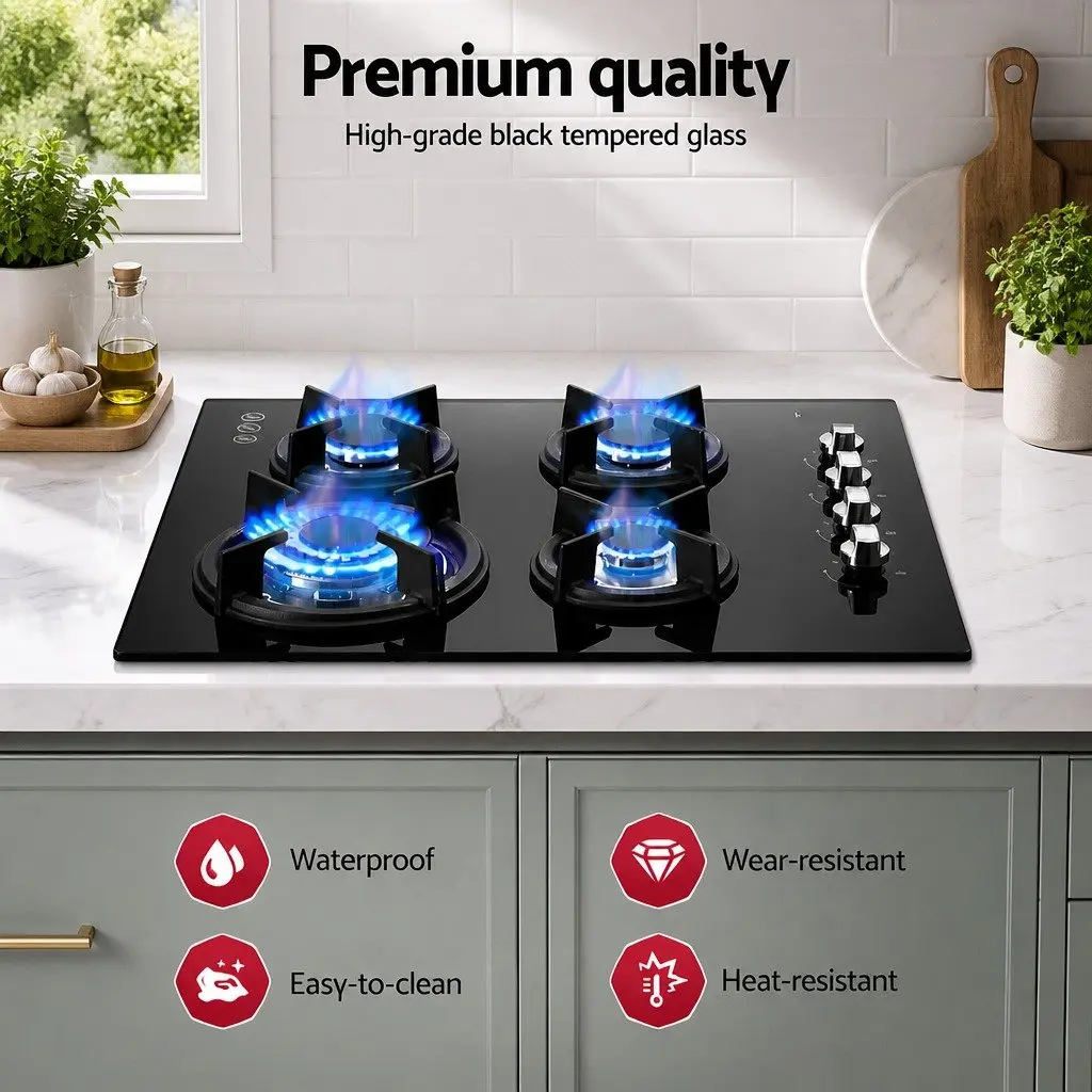 Gas Cooktop 60cm Black Stove Hob 4 Burner Built-in Kitchen Cooking Appliance