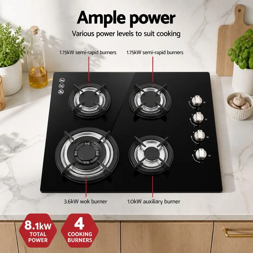 Gas Cooktop 60cm Black Stove Hob 4 Burner Built-in Kitchen Cooking Appliance