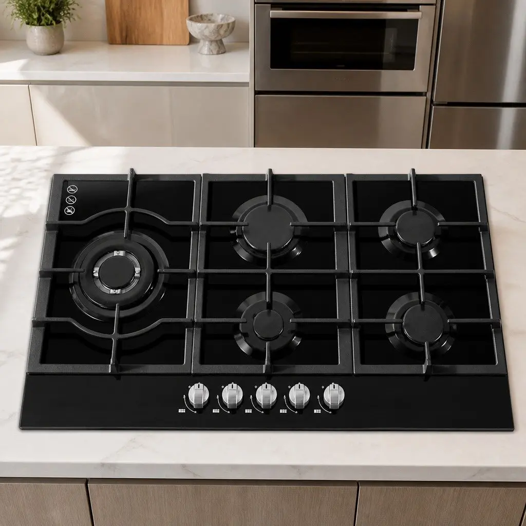 Gas Cooktop 90cm 5 Burner Built-in Stove Black Tempered Glass Kitchen Cooking