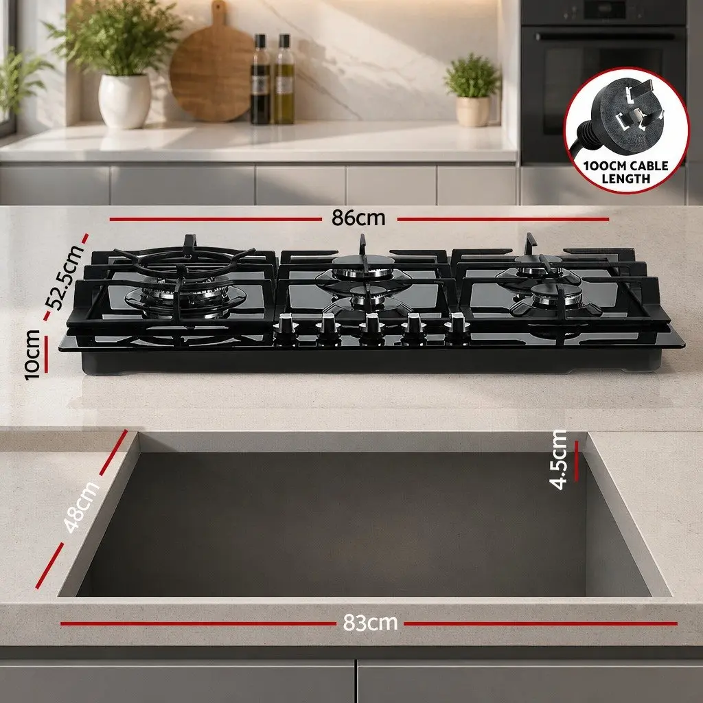 Gas Cooktop 90cm 5 Burner Built-in Stove Black Tempered Glass Kitchen Cooking