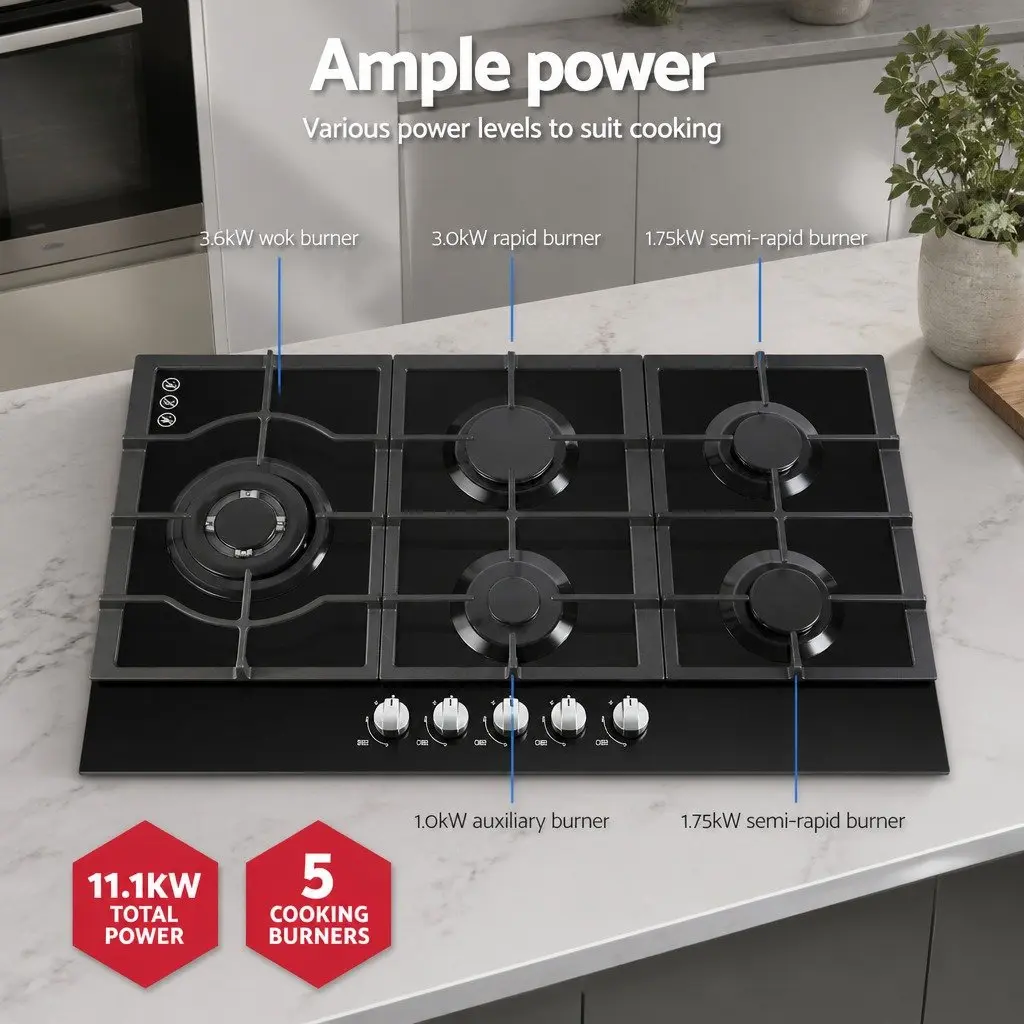 Gas Cooktop 90cm 5 Burner Built-in Stove Black Tempered Glass Kitchen Cooking