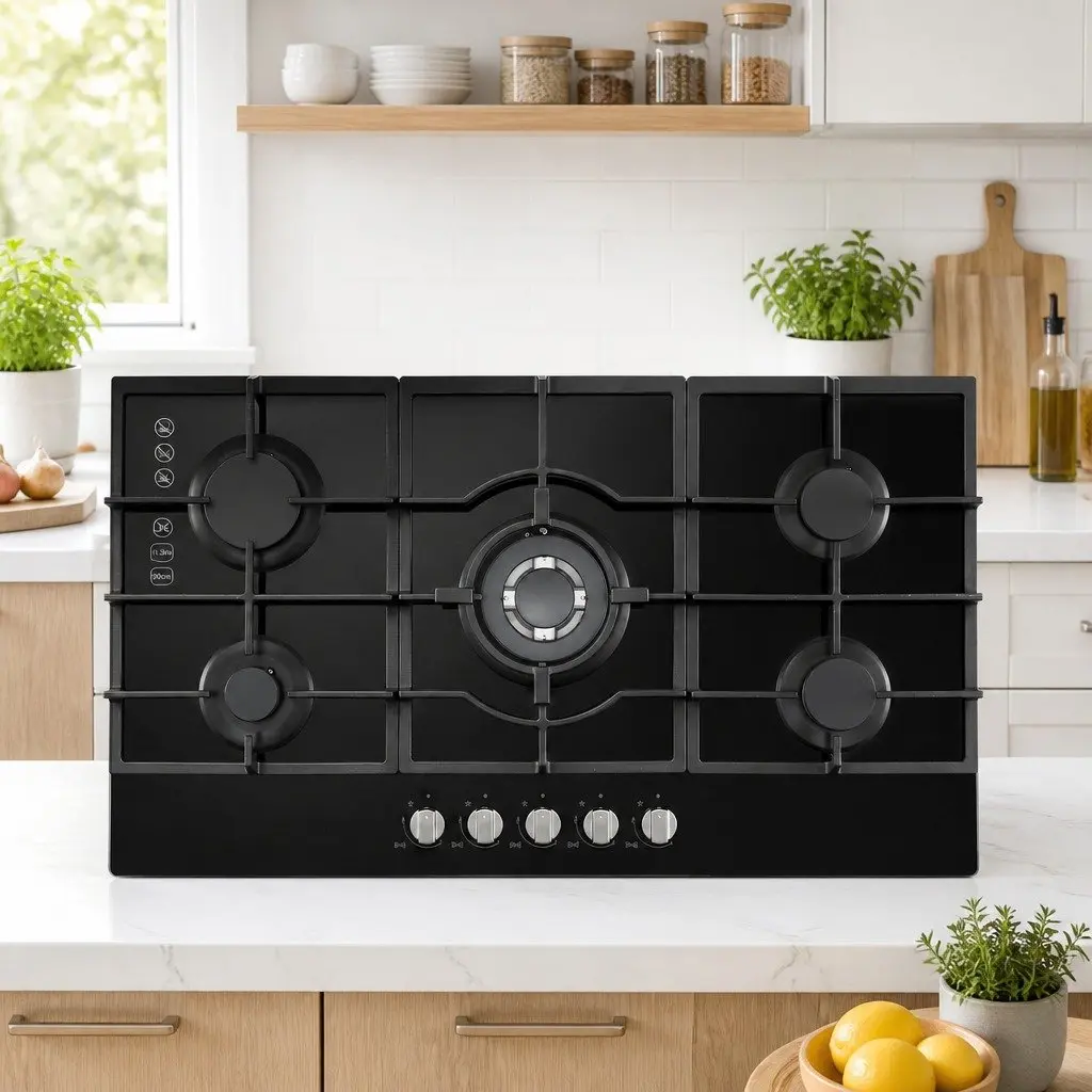 Gas Cooktop 90cm 5 Burner Built-In LPG NG Black Tempered Glass Hob