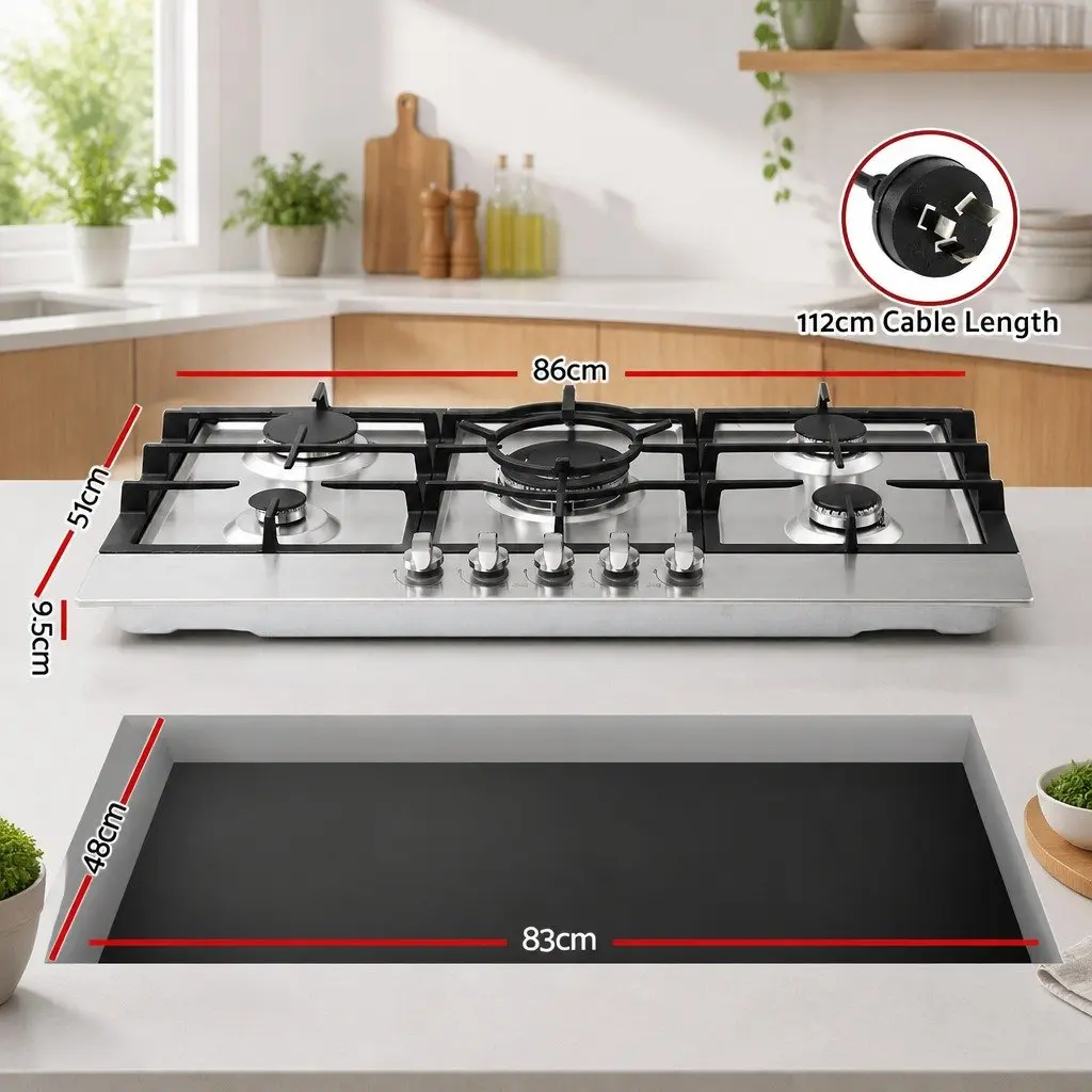 Gas Cooktop 90cm 5 Burner Built-in Hob LPG Natural Gas Stainless Steel Silver