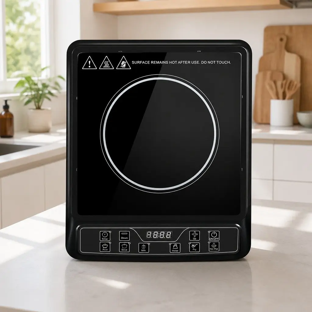 Portable Electric Cooktop Single Burner 30cm Black Ceramic Glass 2000W with 6 Cooking Modes and Digital LED Controls