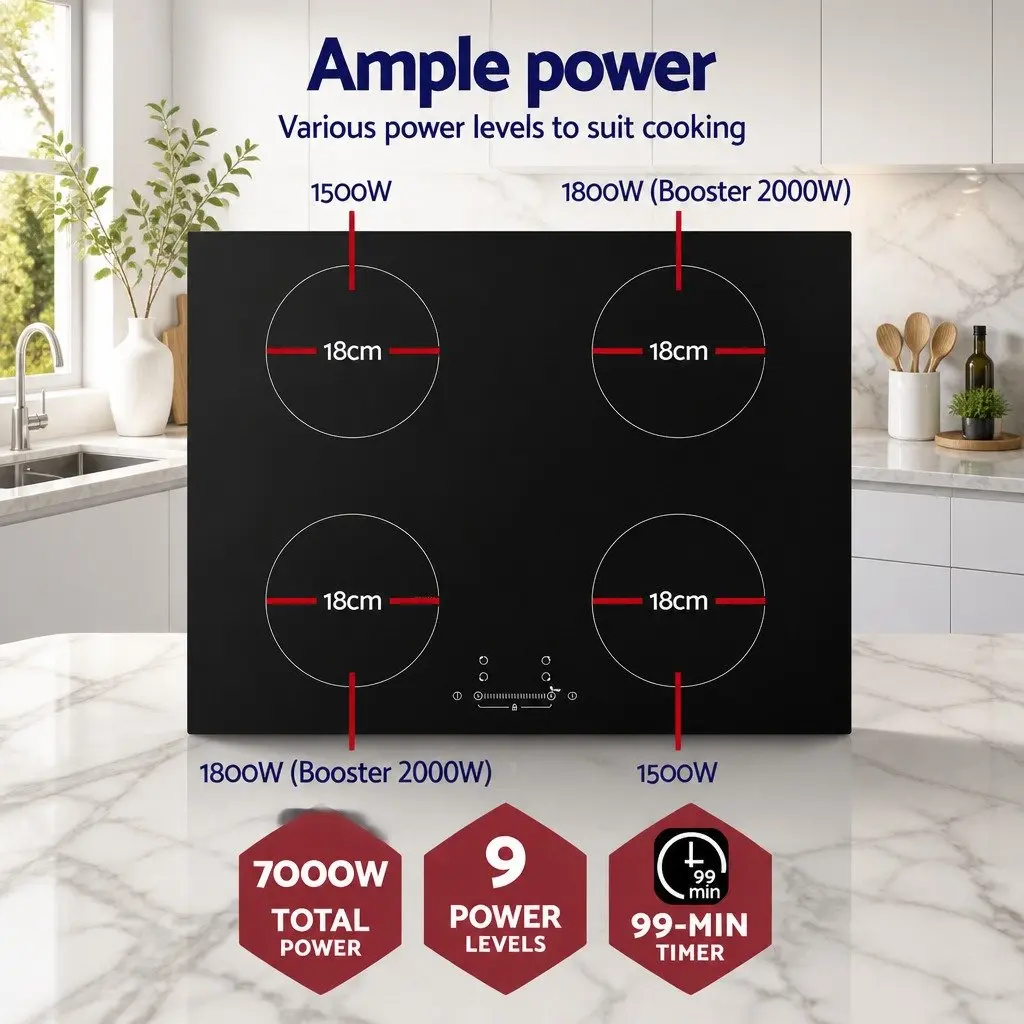 Electric Induction Cooktop 70cm 4 Zones Black Ceramic Glass Stove Hot Plate