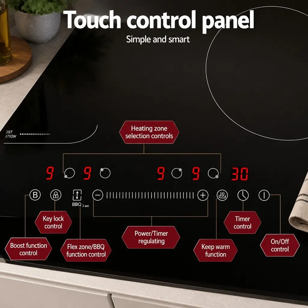 Induction Cooktop 60cm 4 Zone Electric Cooker Black Touch Control Kitchen