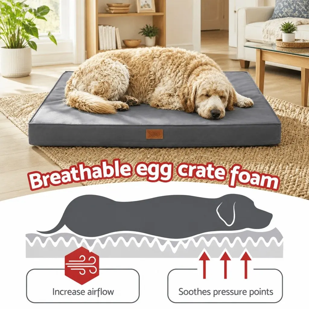 Large Dog Bed Grey Water-resistant Egg Crate Foam 91x68cm