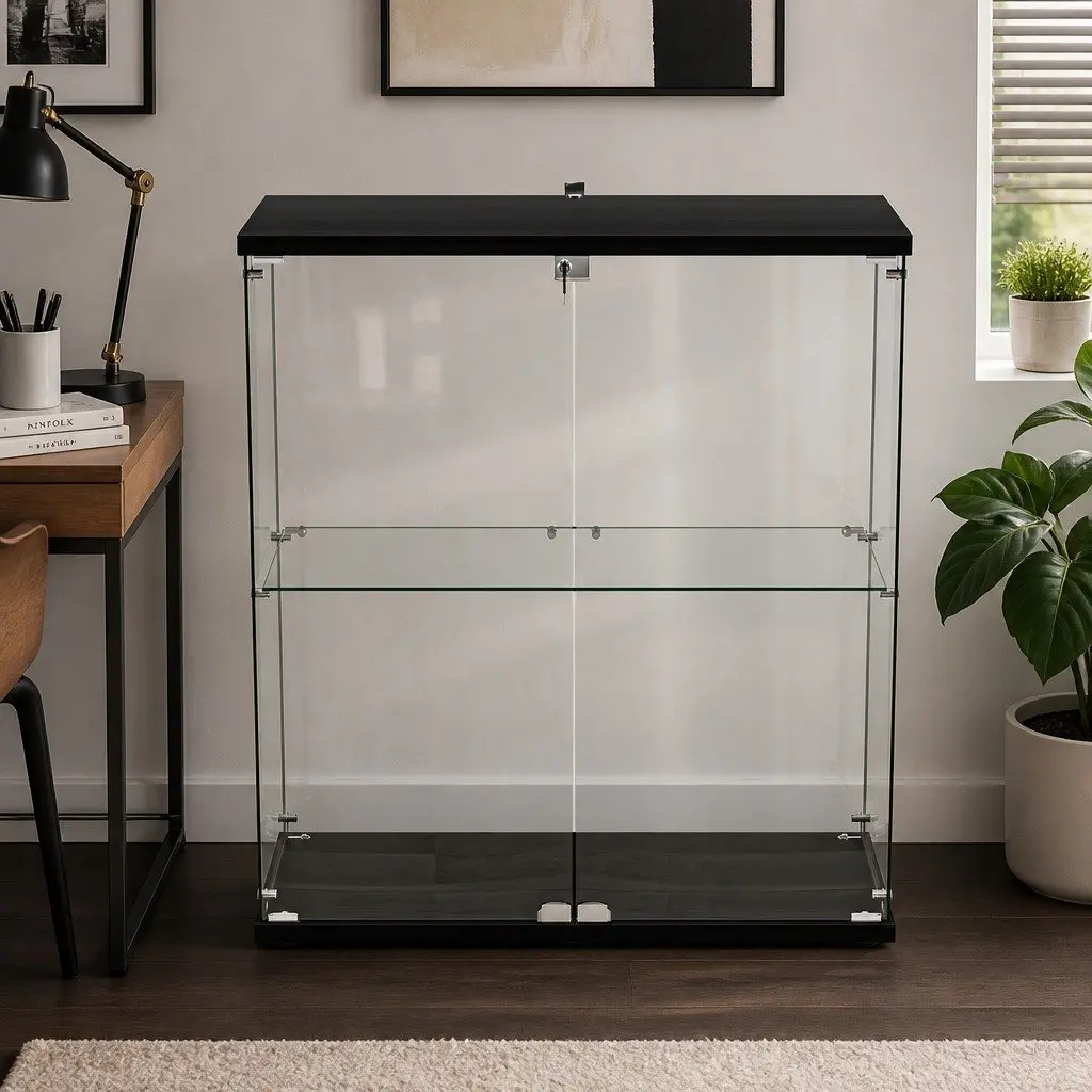 Glass Display Cabinet Lockable 2 Tier Tempered Glass Shelves Black