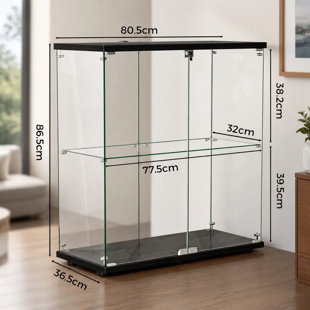 Glass Display Cabinet Lockable 2 Tier Tempered Glass Shelves Black
